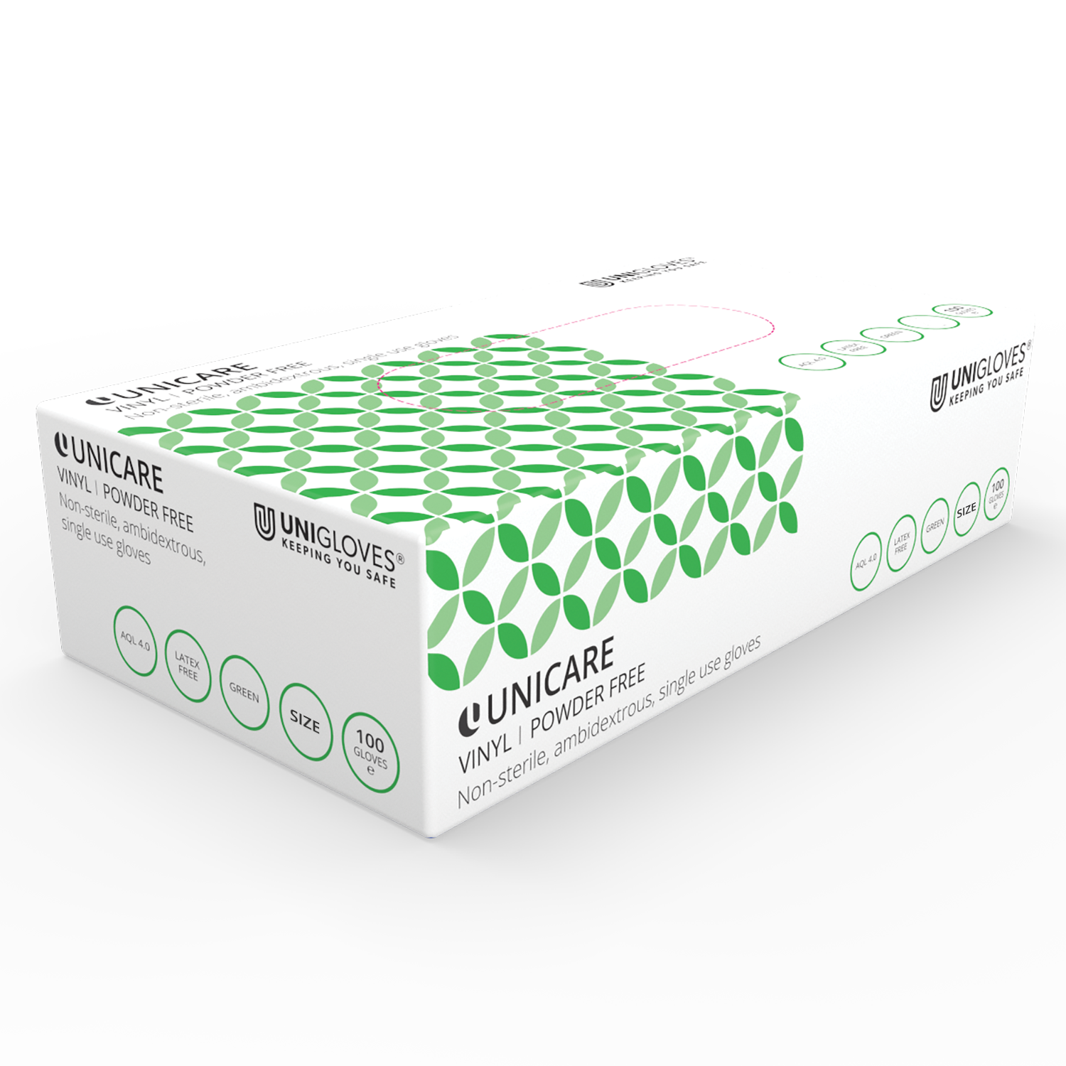 Unicare Green Vinyl prófunarhanskabox með 100 stk
